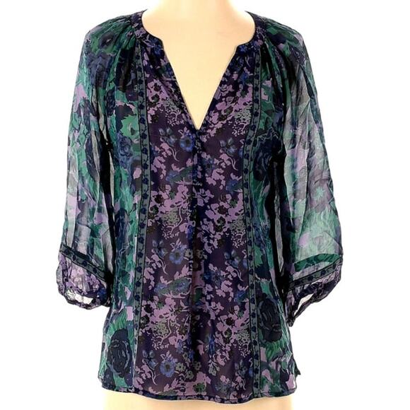 Joie 100% Silk Blouse Size‎ Large Purple and Green V-neck Covered button detail - Picture 1 of 7